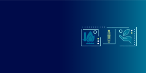 Sustainable icons with the NuScale Power Module over a blue gradient.