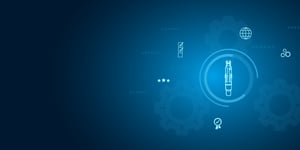 Abstract blue background with NuScale Power Module icon. 
